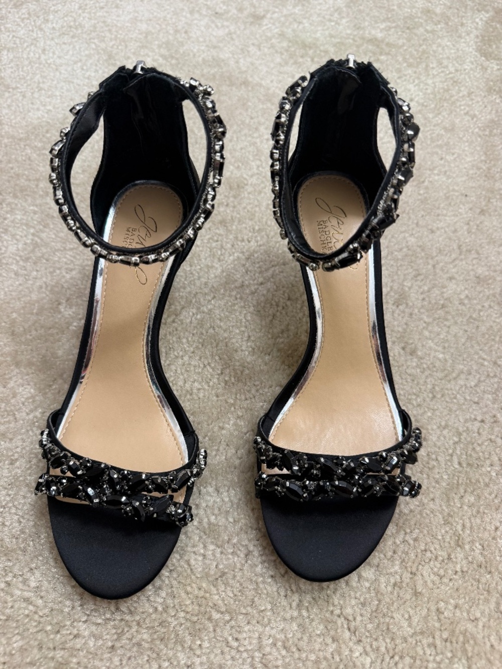Jewel Badgley Mischa Black Satin Crystal Embellished Evening Heels Sandals Size